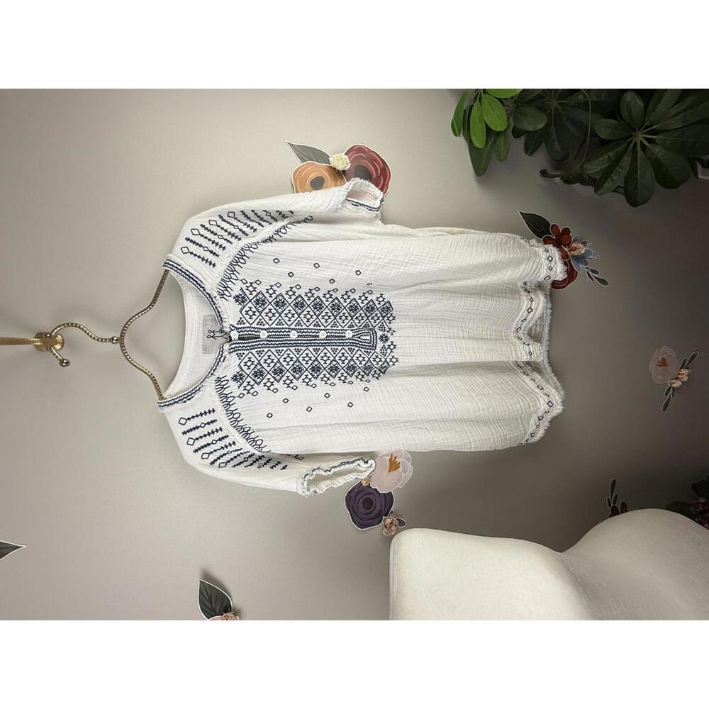 Johnny Was White and Navy Cotton Embroidered Tunic - Size - Small - Picture 2 of 7